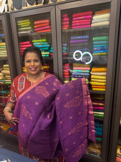 Silk Cotton Linen Sari Indian Saree Copper Jari Plum Pink S132