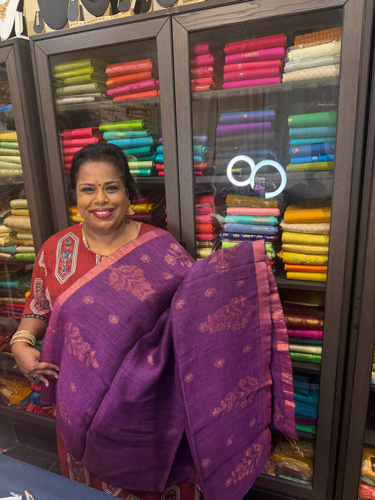 Silk Cotton Linen Sari Indian Saree Copper Jari Plum Pink S132