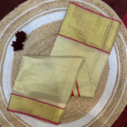 Red Kerala Vishu Sari Indian Cream Tissue Saree C35 - Col 7