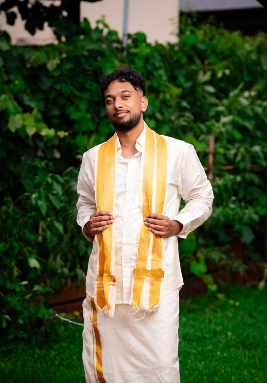 Men’s South Indian Silk Groom’s Shirt Cream Gold V6