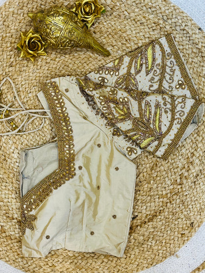 40” Size 10 Aari Worked Sari Blouse Indian Saree Top Silk Cream B85