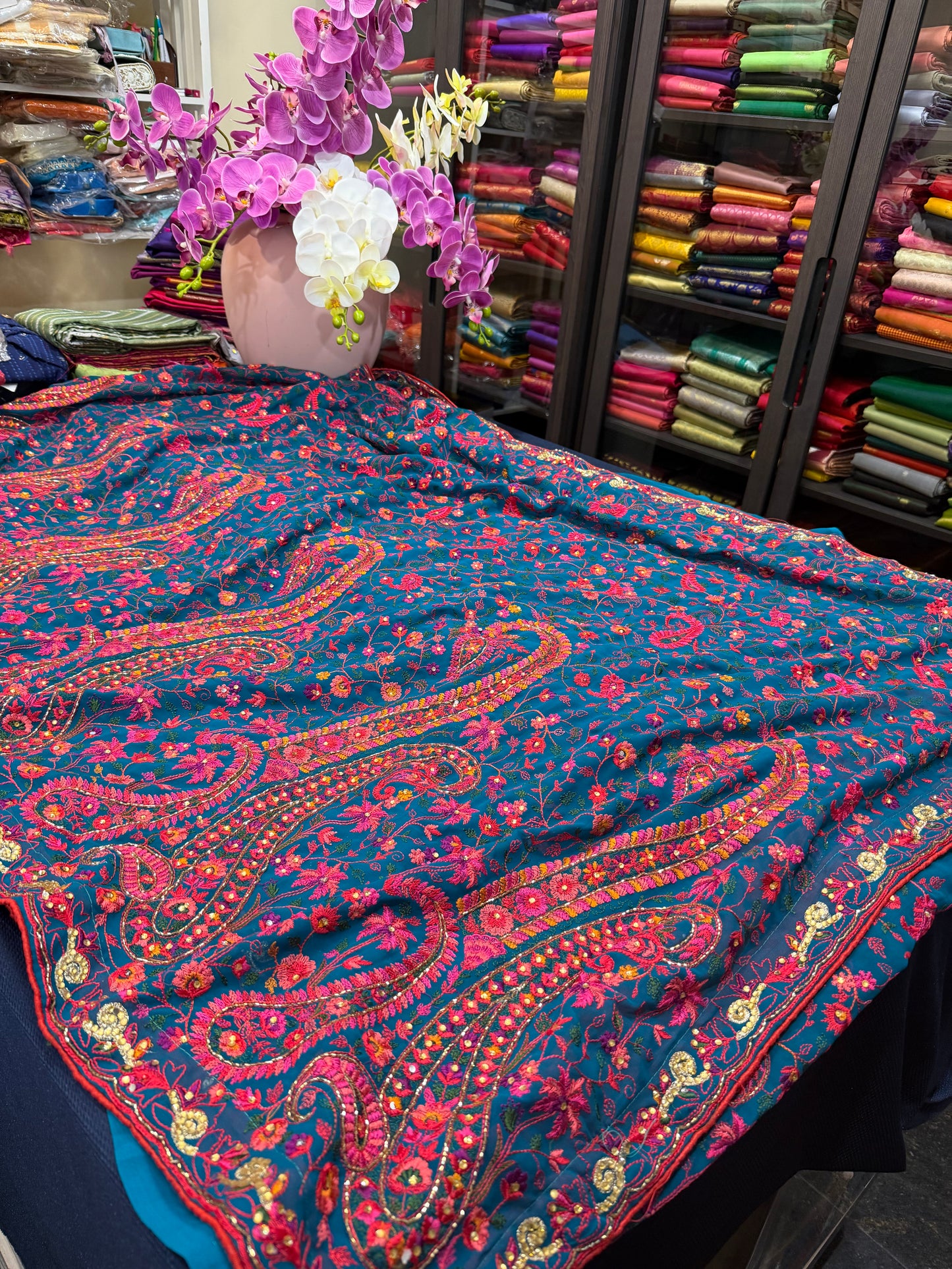 Sari Indian Fancy Party wear Kashmiri Georgette Teal Blue Saree SAR10