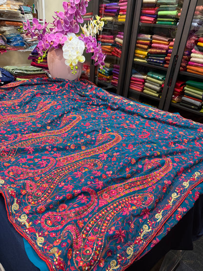 Sari Indian Fancy Party wear Kashmiri Georgette Teal Blue Saree SAR10