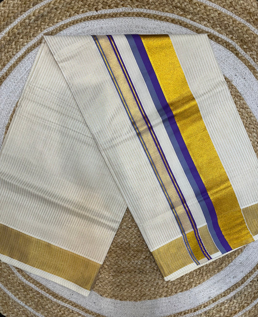 Purple Grey Kerala Vishu Sari Indian hand Printed Kasavu Onam Saree C21 Col 6