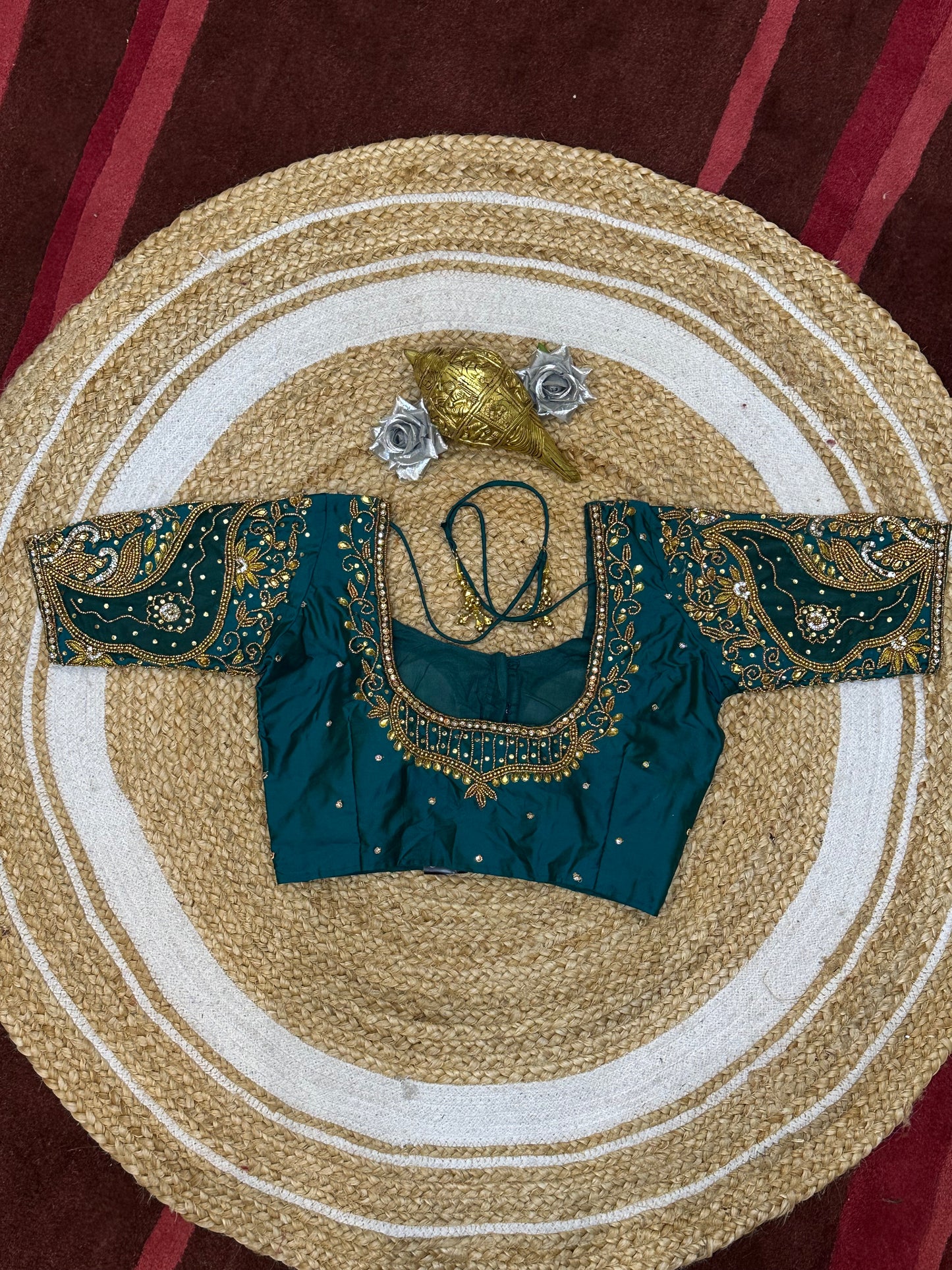 34” XS Aari Worked Sari Blouse Indian Saree Top Silk Turquoise B121