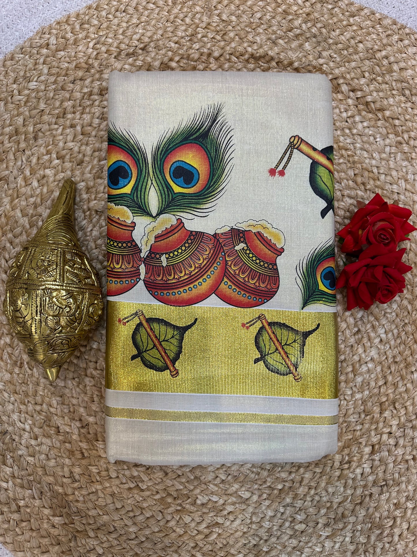 Kerala Vishu Sari Indian Cream Tissue hand Printed Onam Saree C7 - Col 6