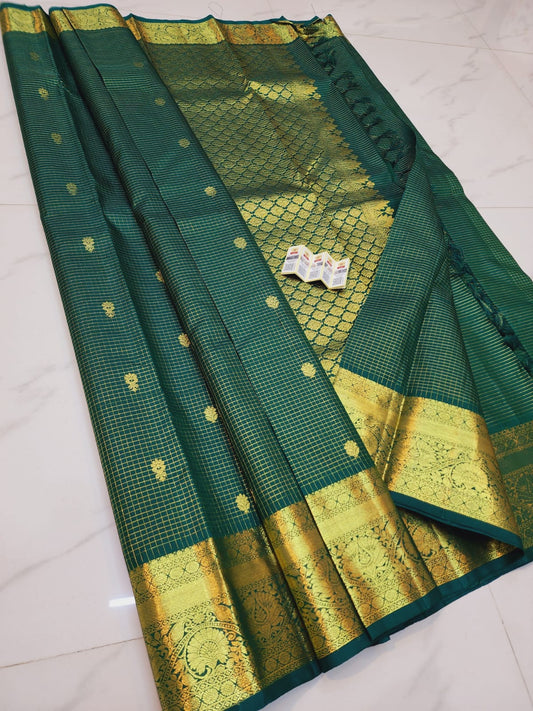 Kanchipuram Pure Silk Saree Bottle Green & Gold Kanjivaram Sari| SPK131