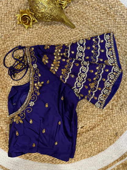 40” Size 10 Aari Worked Sari Blouse Indian Saree Top Silk Purplish Blue B88