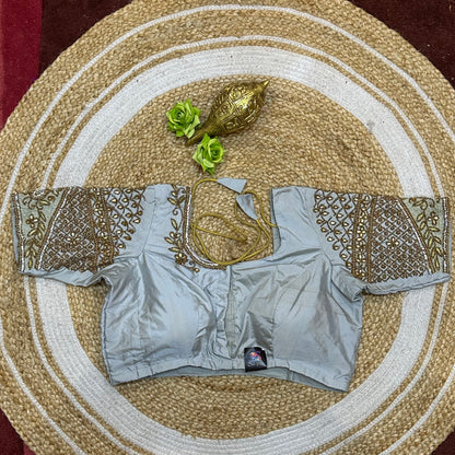 38” M Size 8 Aari Worked Sari Blouse Indian Saree Top Silver B304