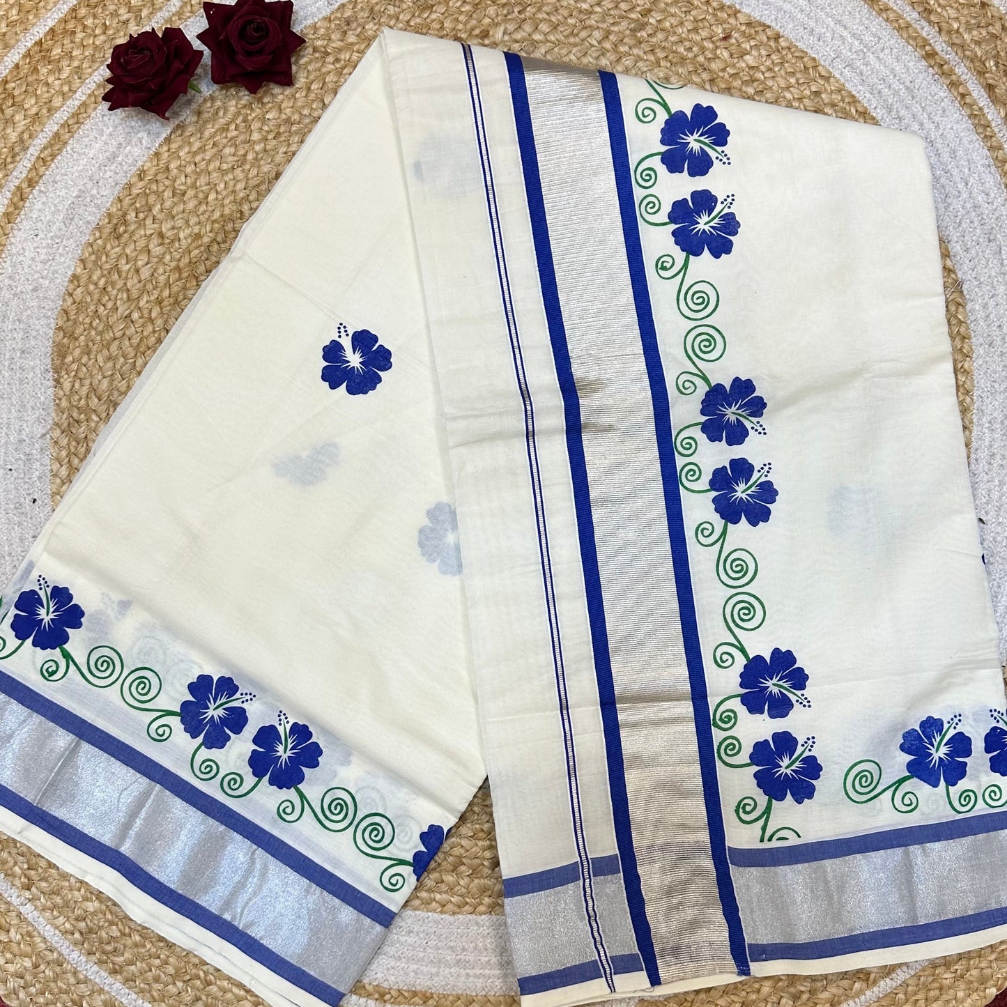 Red Kerala Vishu Sari Indian hand Printed Kasavu Onam Saree C19