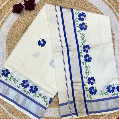 Red Kerala Vishu Sari Indian hand Printed Kasavu Onam Saree C19