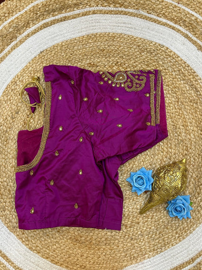 46” Size 16 Aari Worked Sari Blouse Indian Saree Top Silk Purple Magenta B193