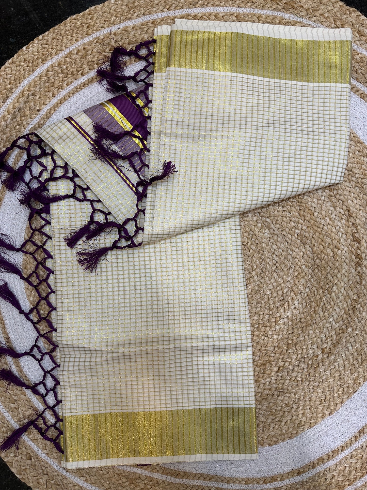 Red Kerala Vishu Sari Indian hand Printed Kasavu Onam Saree C22 Col 2