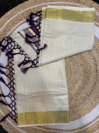 Red Kerala Vishu Sari Indian hand Printed Kasavu Onam Saree C22 Col 2