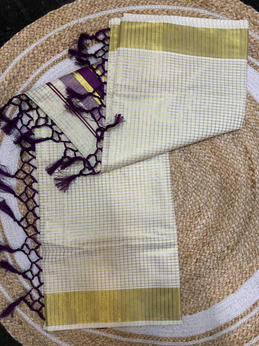 Wine Purple Kerala Vishu Sari Indian hand Printed Kasavu Onam Saree C22 Col 5