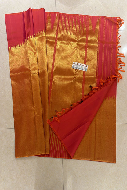 Raising Border Kanchipuram Pure Silk Saree Pinkish Orange Kanjivaram Sari| SPK142