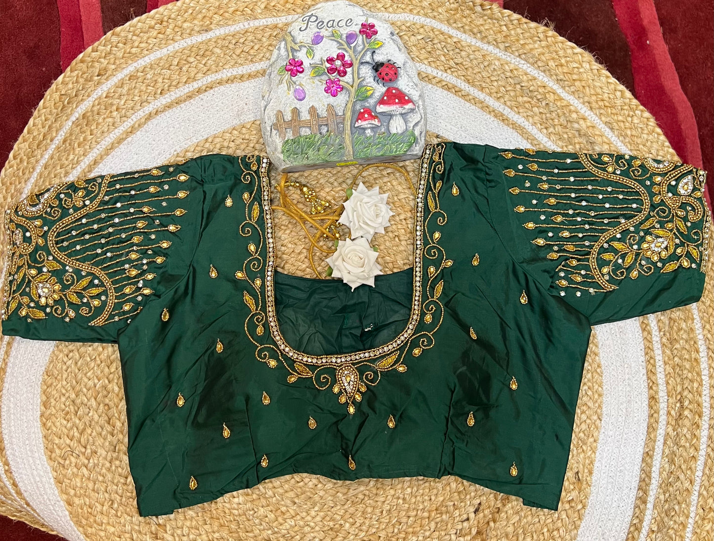 40” Aari hand Worked Sari Blouse Indian Top Choli Silk Green B25