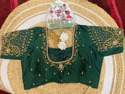 40” Aari hand Worked Sari Blouse Indian Top Choli Silk Green B25