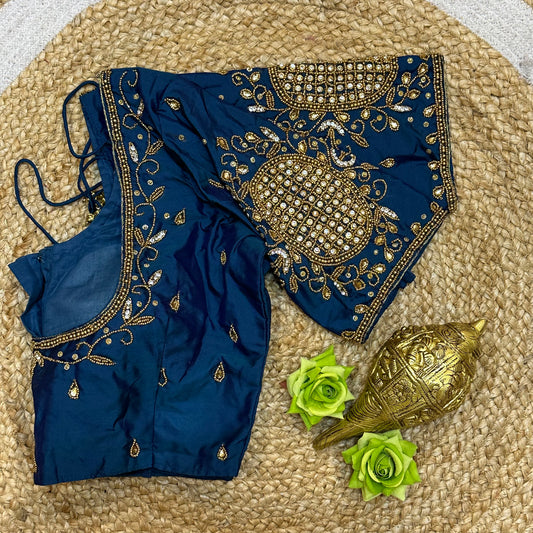 38” M Size 8 Aari Worked Sari Blouse Indian Saree Blue B307