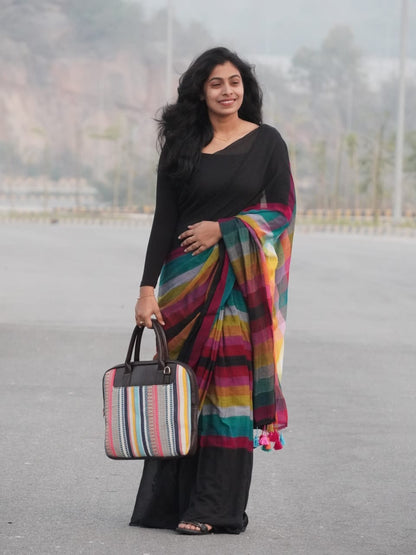 MUL Cotton White Rainbow Sari Indian casual Saree C25