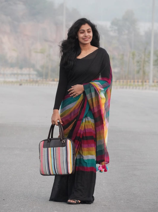 MUL Cotton White Rainbow Sari Indian casual Saree C25