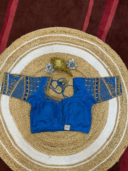 34” XS Aari Worked Sari Blouse Indian Saree Top Silk Blue B108