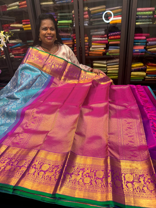 Korvai Kanchipuram Pure Silk Saree Bridal Handloom Indian Kanjivaram Sari Blue SPK355