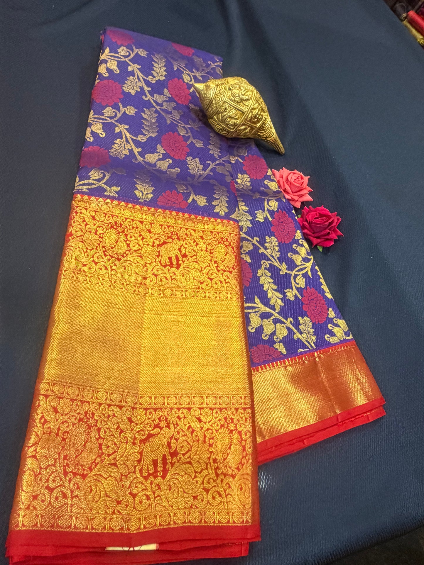 Floral Kanchipuram Pure Silk Saree Purple Bridal Kanjivaram Sari| SPK094