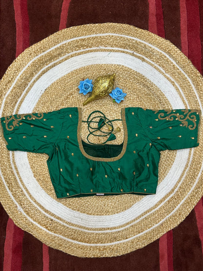40” Size 10 Aari Worked Sari Blouse Indian Saree Top Silk Green B184