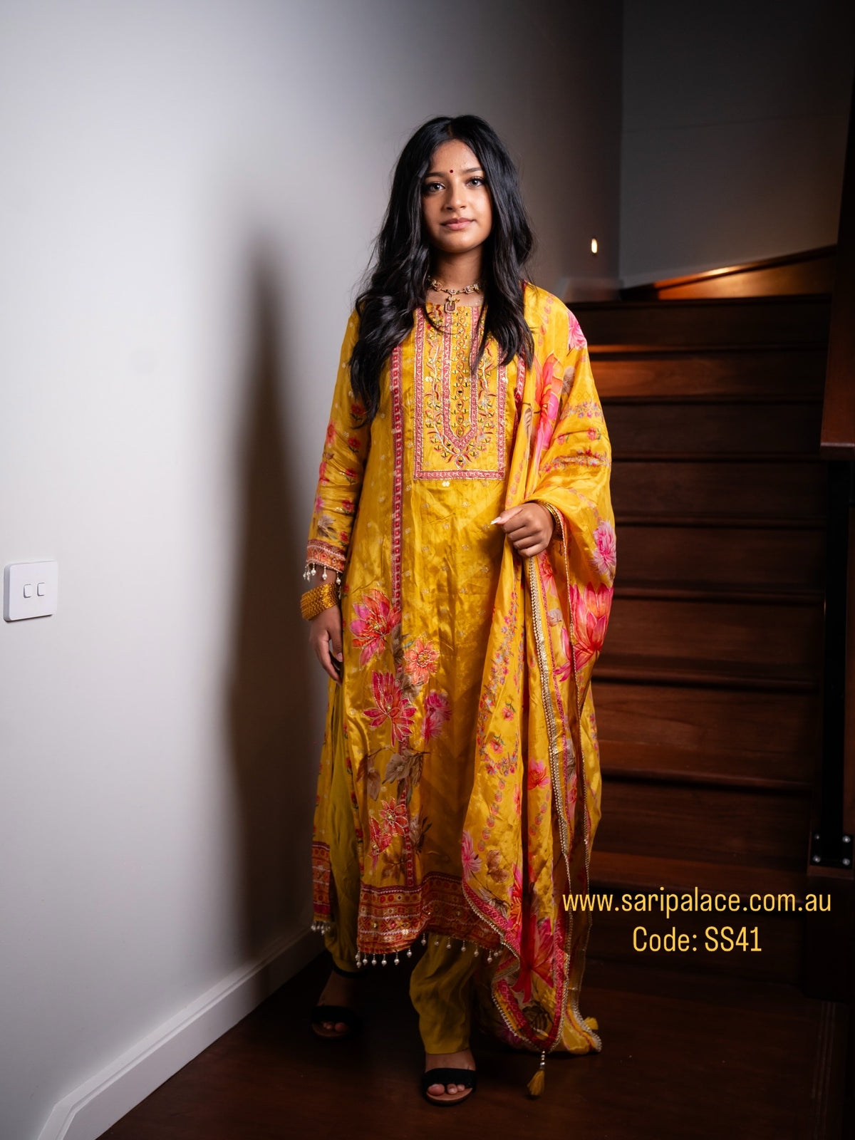 Yellow Floral Indian Pakistani Outfit Salwar Kameez Kurti Suit EID SS41