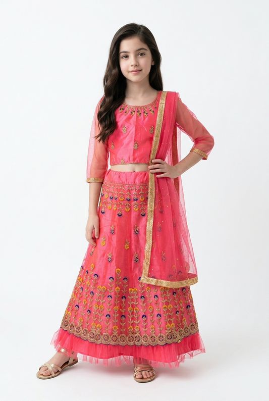 32” Size Age 7 to 9 Peach Pink Indian Lehenga Pavadai Sattai Skirt Top G80 Col 4