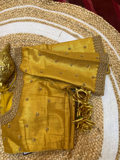 40” Aari hand Worked Sari Blouse Indian Top Choli Silk Gold B43