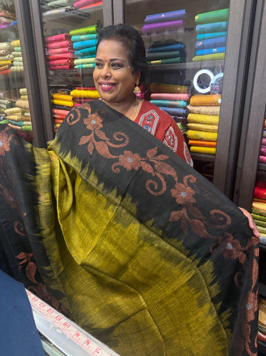Silk Cotton Linen Sari Indian Saree Copper Jari Green Black S125