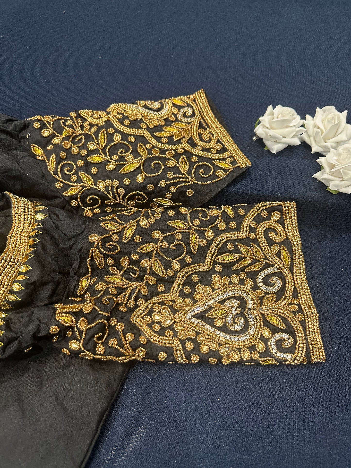 40” Aari hand Worked Sari Blouse Indian Top Choli Silk Black Gold B8