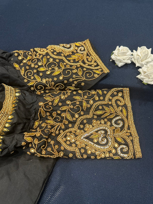 40” Aari hand Worked Sari Blouse Indian Top Choli Silk Black Gold B8