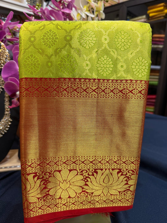 Tissue Bridal Kanchipuram Pure Silk Saree Greenish Yellow & Red Kanjivaram Sari| SPK090