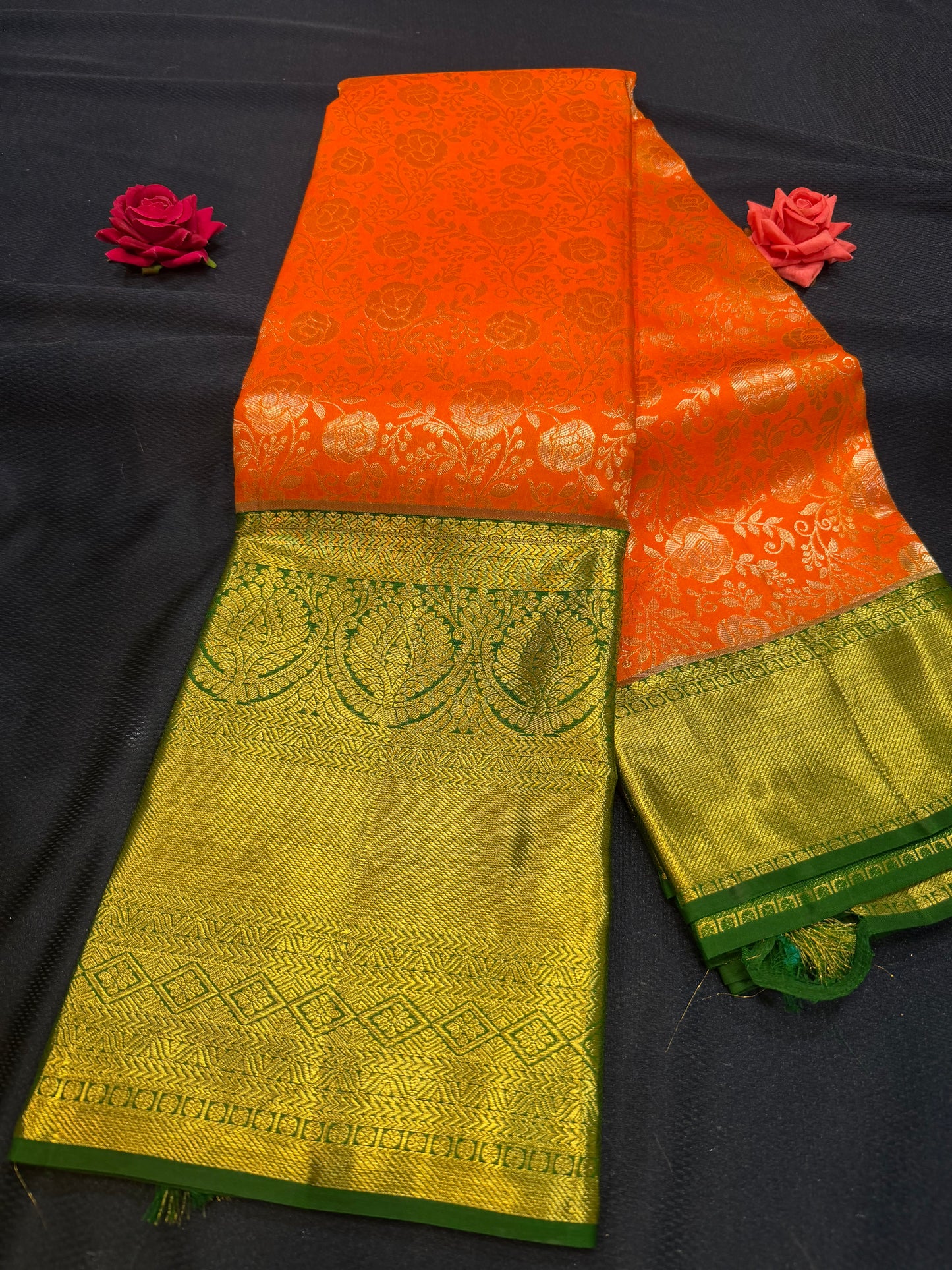Kanchipuram Pure Silk Saree with Gold Zari Orange & Green Sari| SPK103