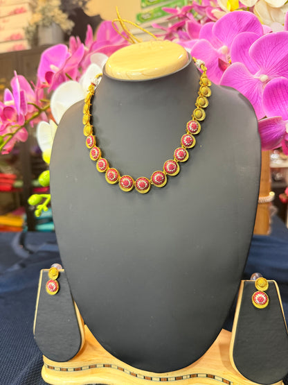 Indian Necklace & Earrings Ruby Pink Addiyal Jewellery Set V4