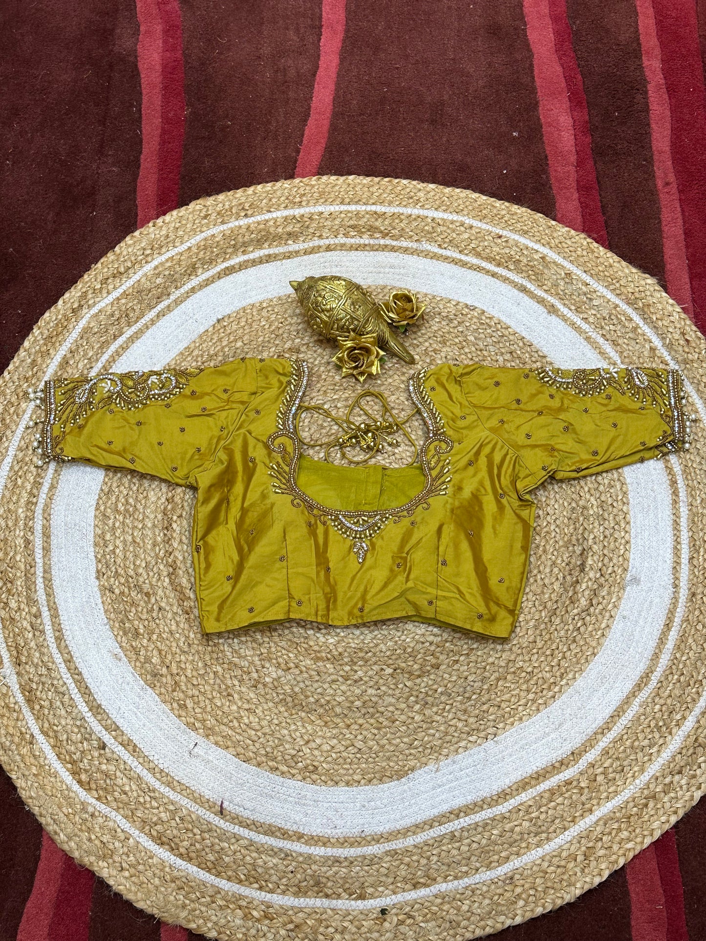 36” Small size Aari Worked Sari Blouse Indian Saree Mustard Yellow B215