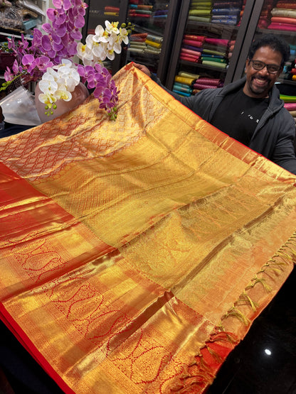 Bridal Tissue Kanchipuram Pure Silk Saree Gold & Red Kanjivaram Sari| SPK153