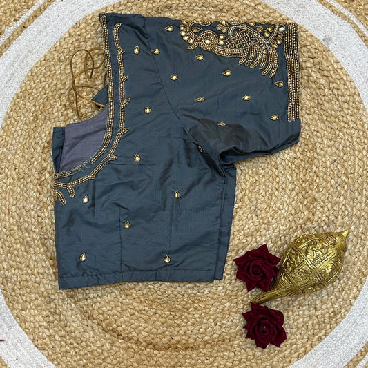 44” Size 14 Aari Worked Sari Blouse Indian Saree Top Silk Grey B245
