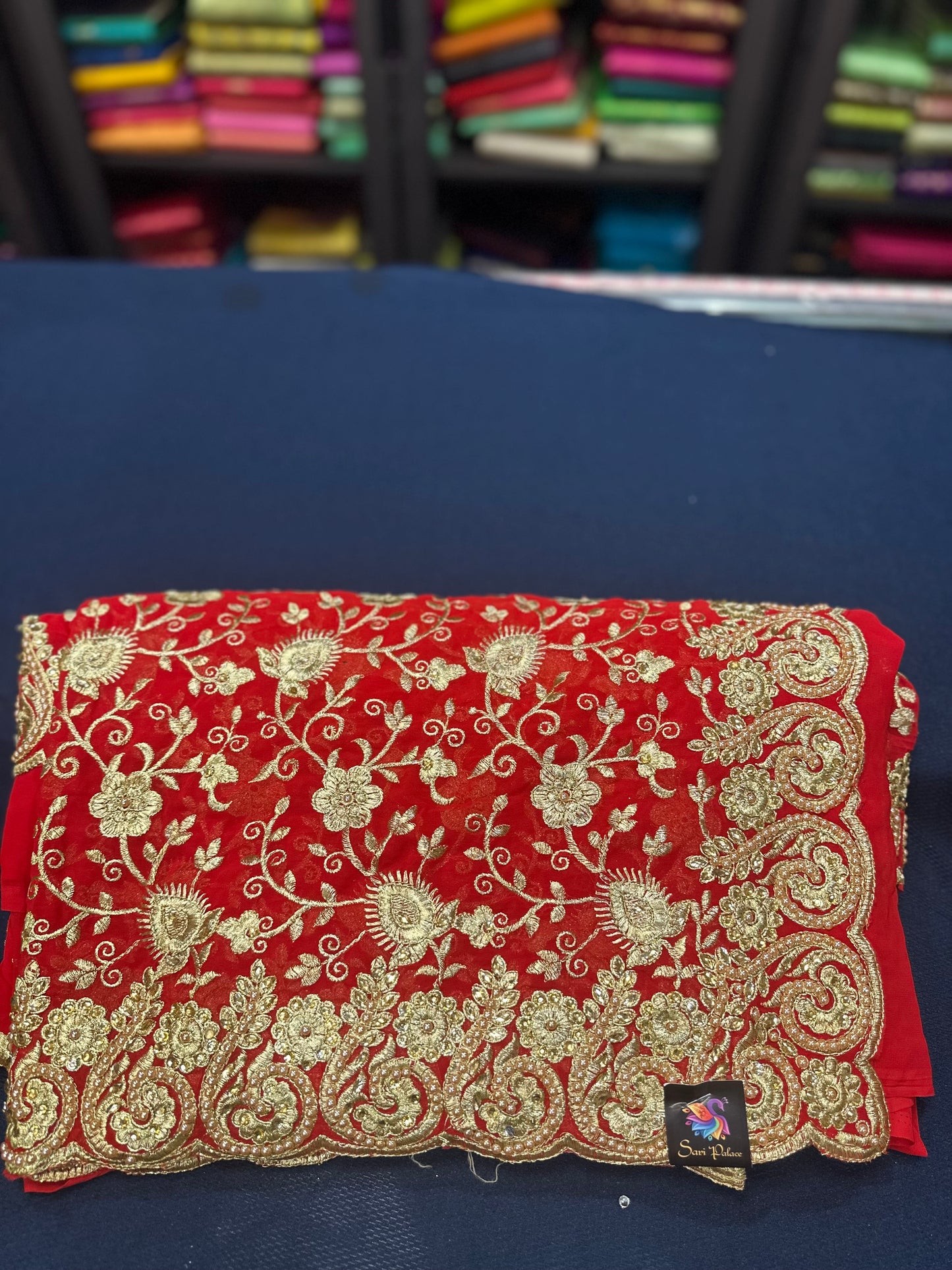 Red Fancy Party wear Georgette Pearl Sari Indian Saree S45