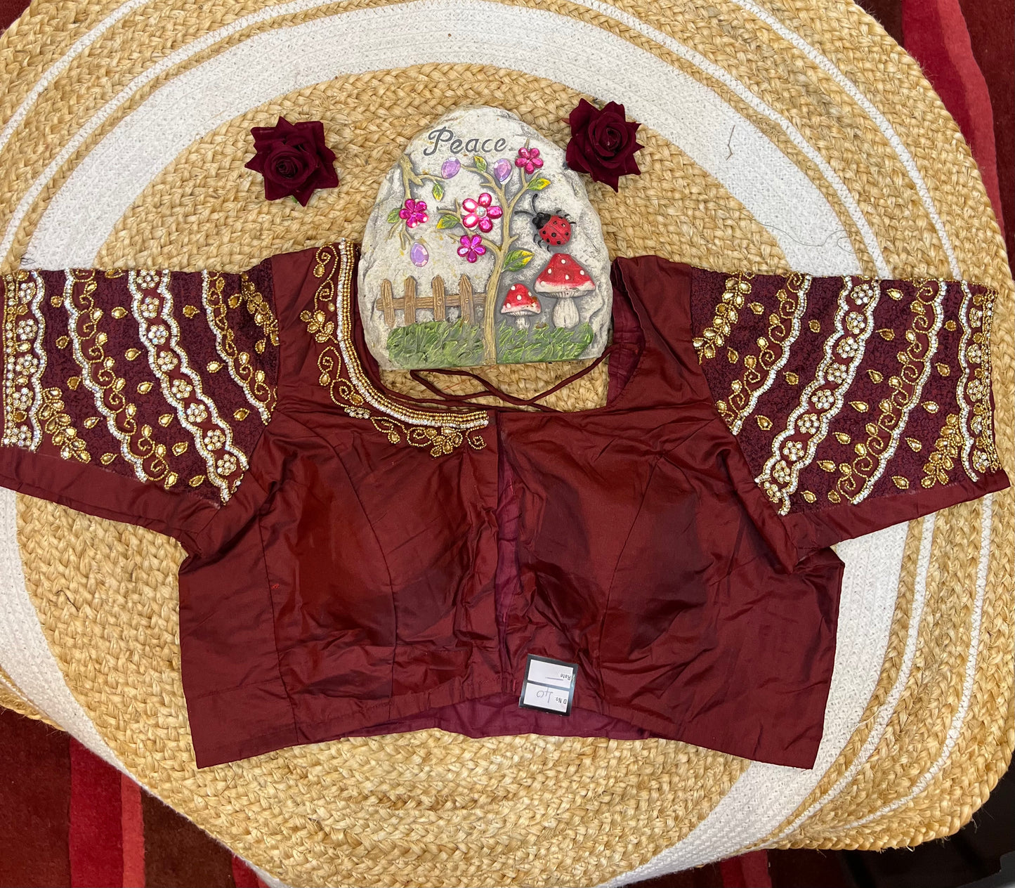 40” Aari hand Worked Sari Blouse Indian Top Choli Silk Maroon B30