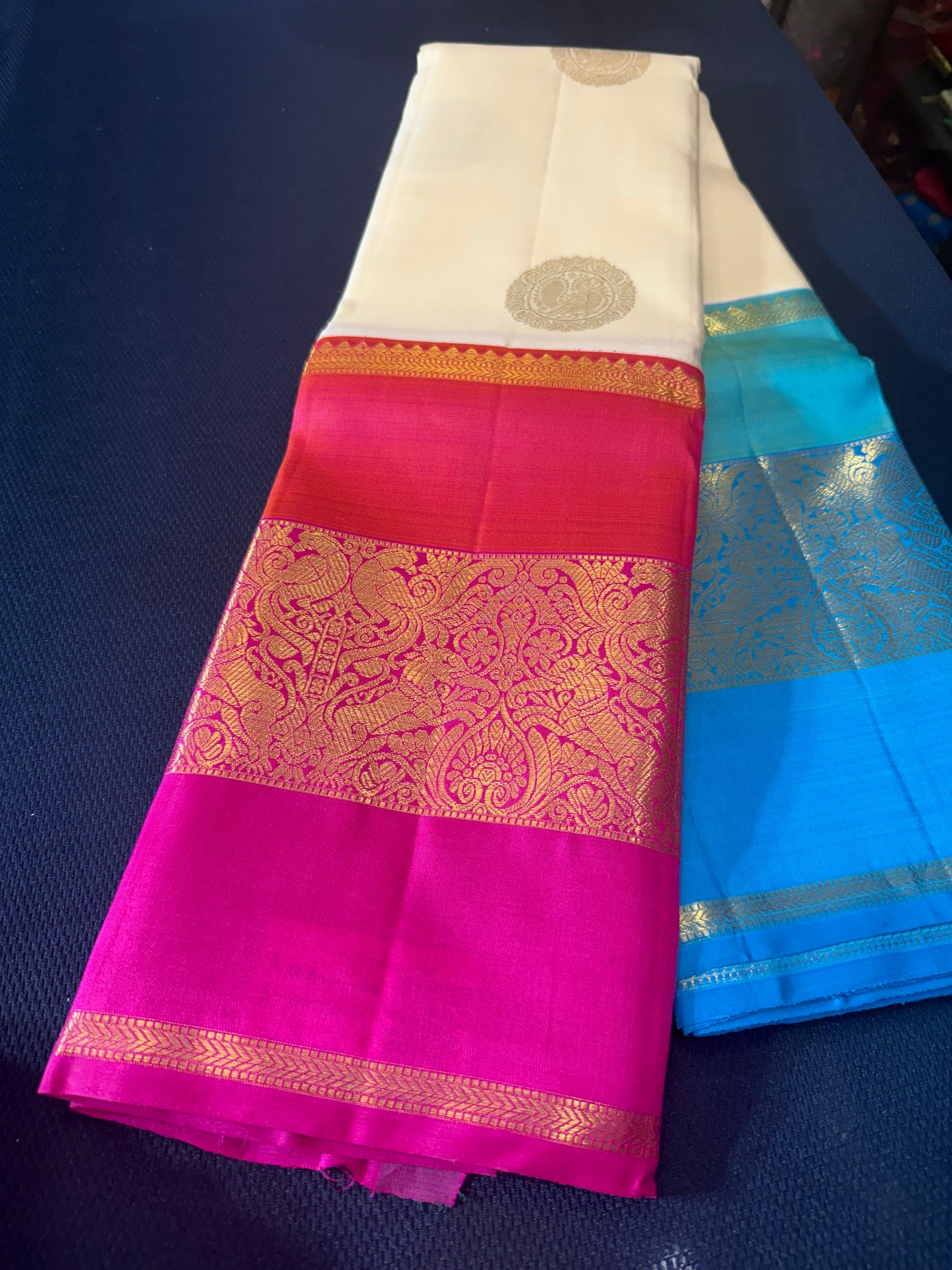 Kanchipuram Pure Silk Saree Cream pink Blue Kanjivaram Sari| SPK201