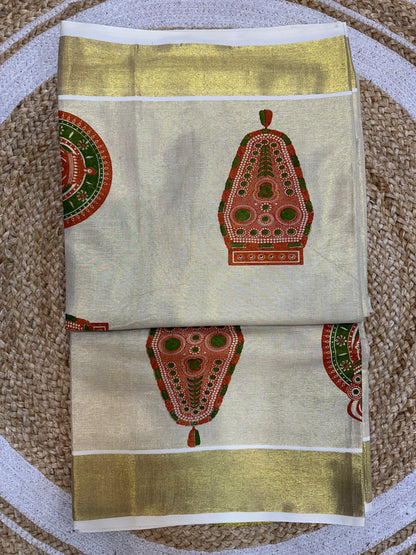 Red Kerala Vishu Sari Indian Cream Tissue hand Printed Onam Saree C17 Col 3