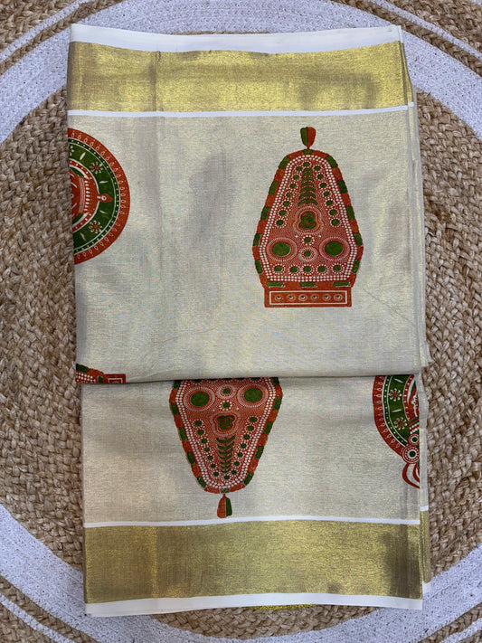 Orange Kerala Vishu Sari Indian Cream Tissue hand Printed Onam Saree C17 Col 6