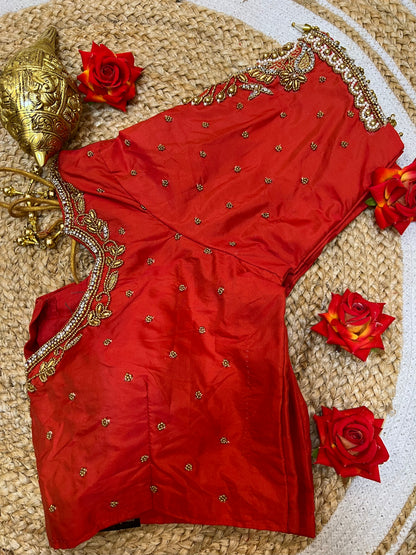 40” Bridal Aari hand Worked Sari Blouse Indian Top Choli Silk Red B36