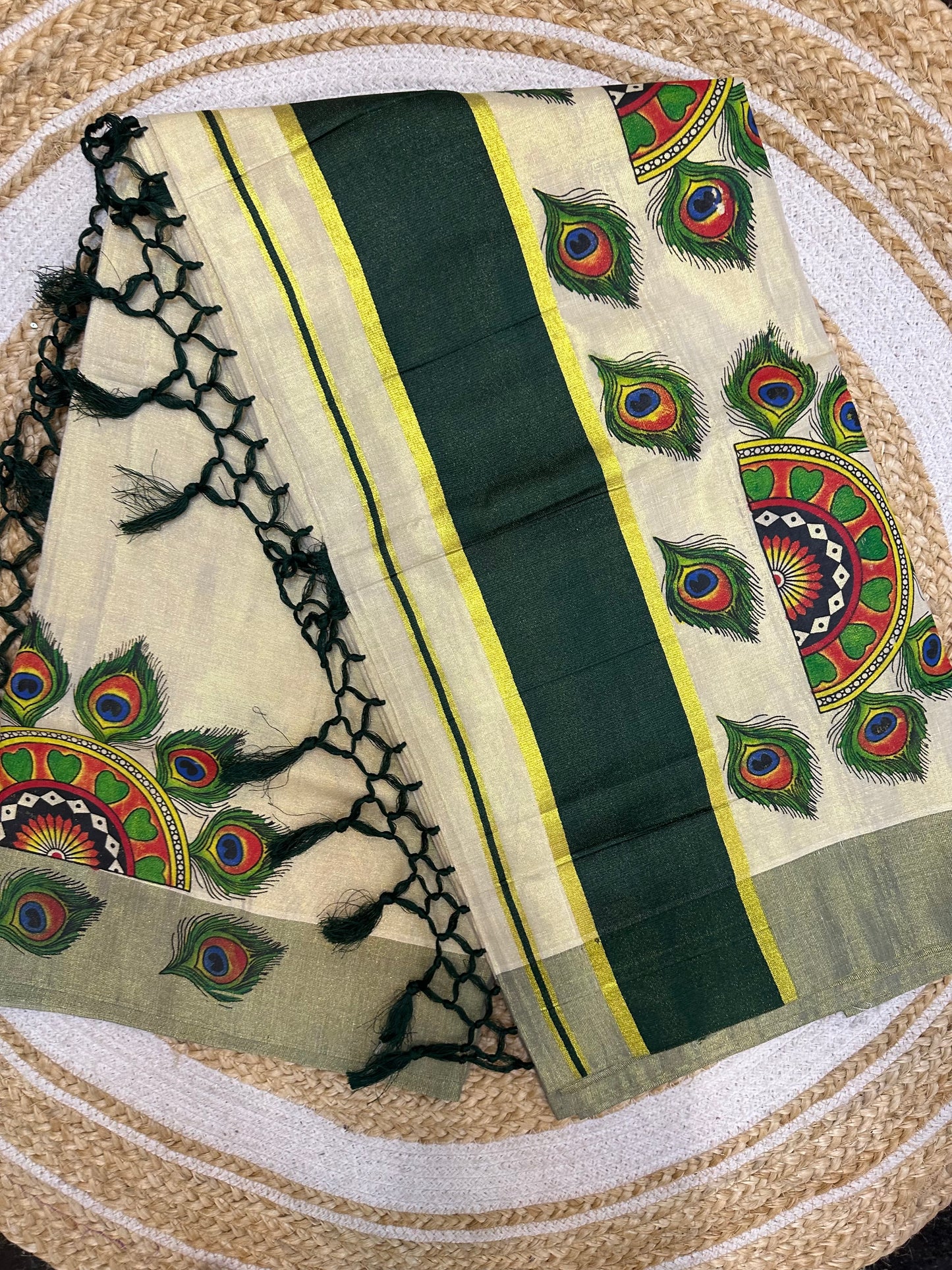 Kerala Vishu Sari Indian Cream Tissue hand Printed Kasavu Onam Saree C18