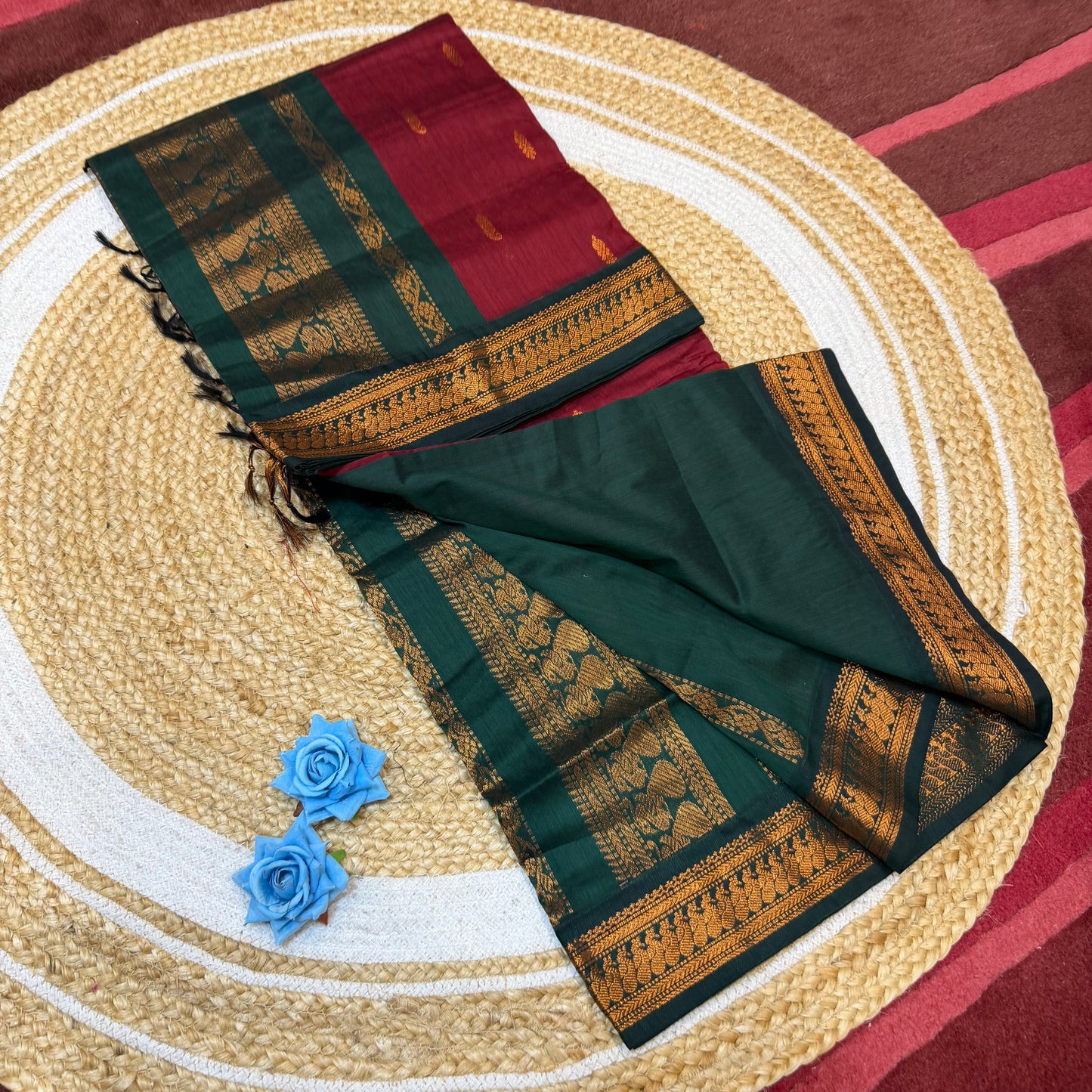 Maroon & Green Copper Kalyani Silk Cotton Sari South Indian Saree S140