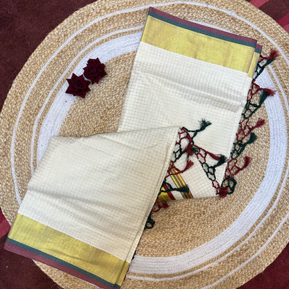 Kerala Vishu Sari Indian hand Printed Kasavu Onam Saree C36 Col 6